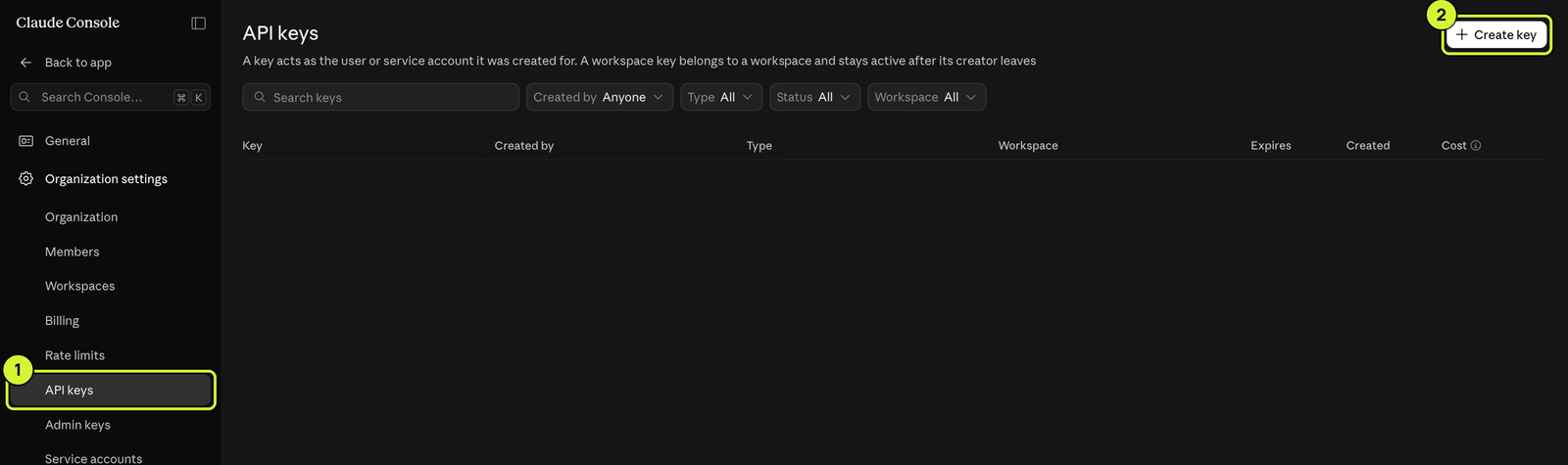 The Claude Console API keys page with the sidebar entry and the Create key button marked