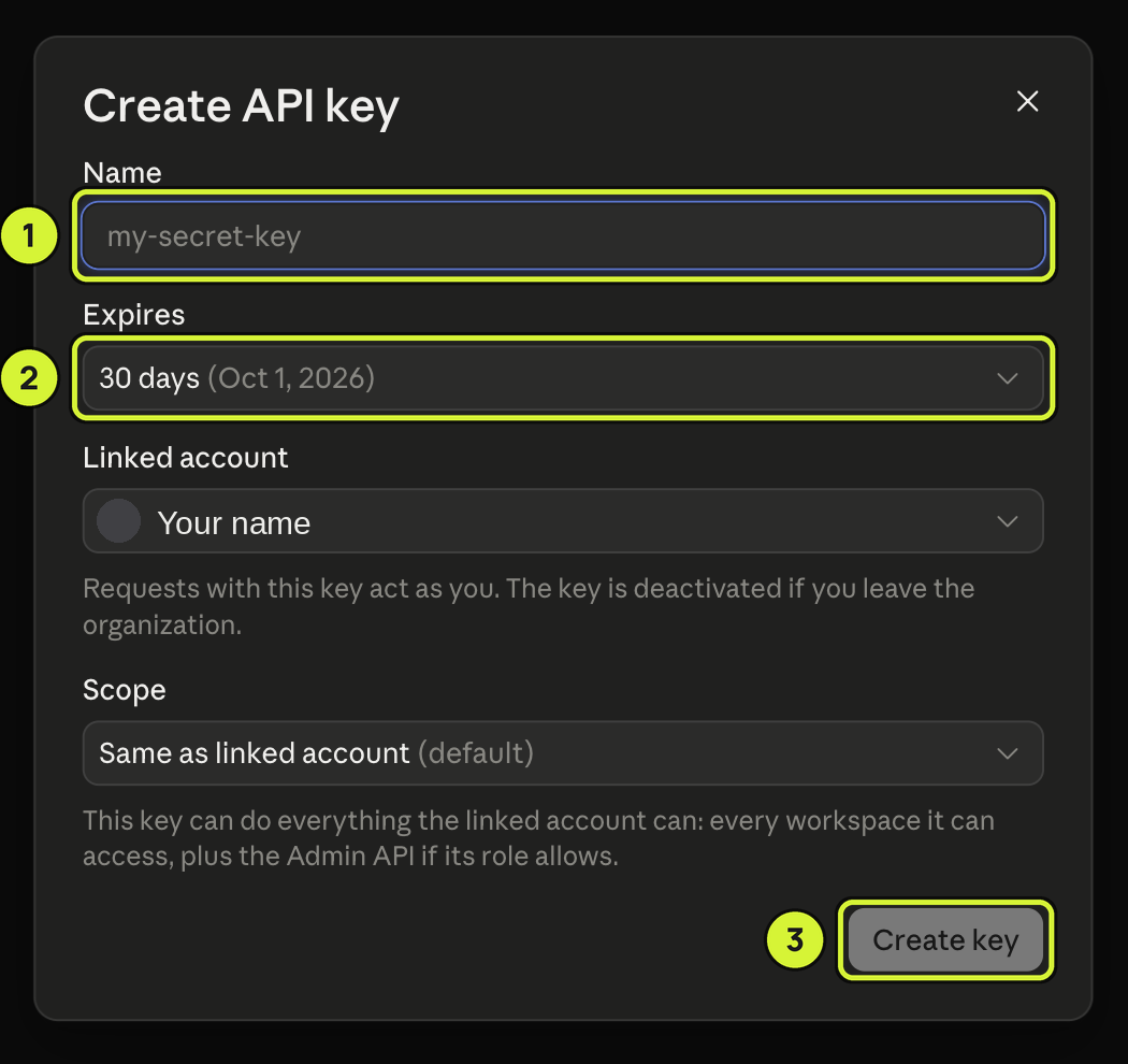 The Create API key dialog with the Name field, Expires menu and Create key button marked