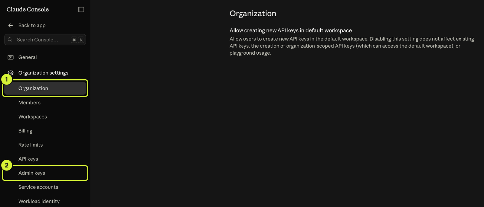 The Claude Console Organization settings page with the Organization and Admin keys sidebar entries marked