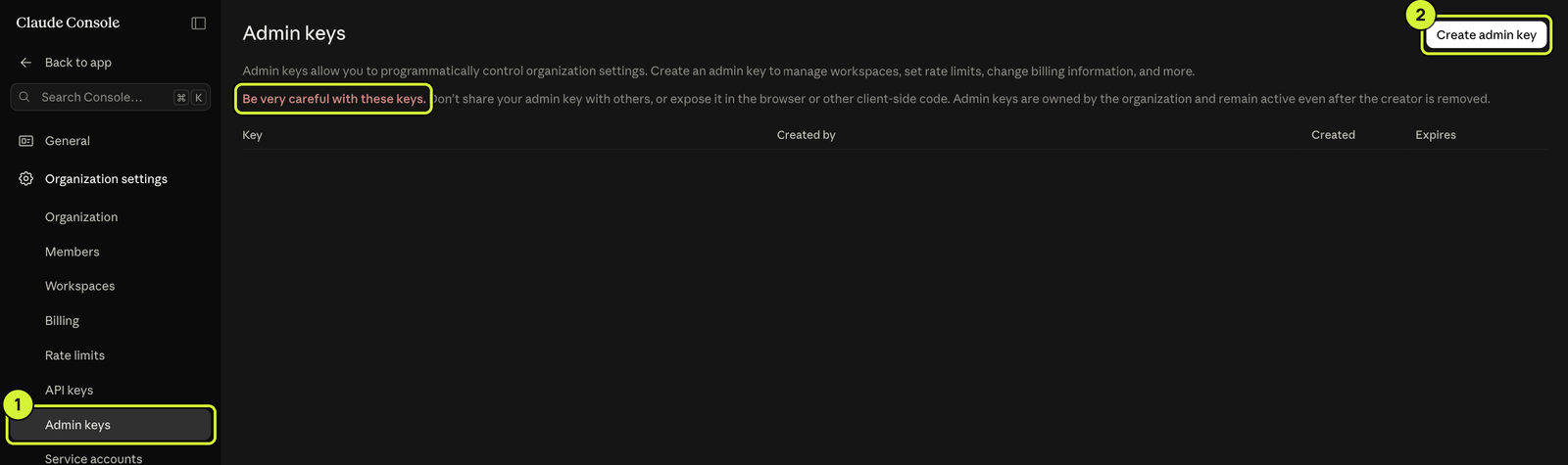 The Admin keys page with the sidebar entry, the Create admin key button and Anthropic's warning line marked