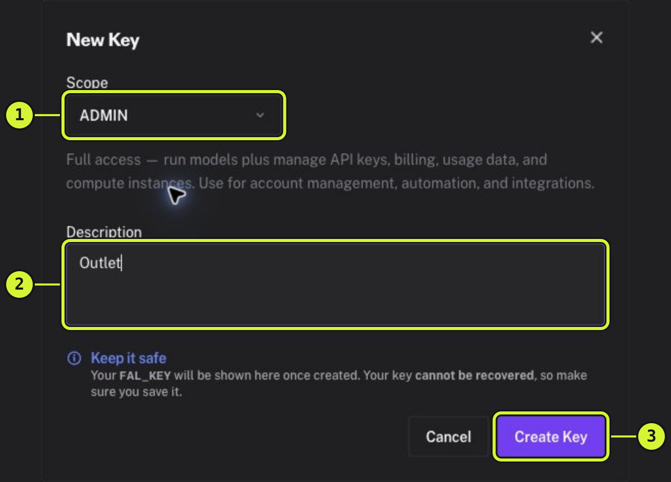 fal’s New Key dialog with ADMIN scope for Vault, Outlet in the Description field and Create Key marked.