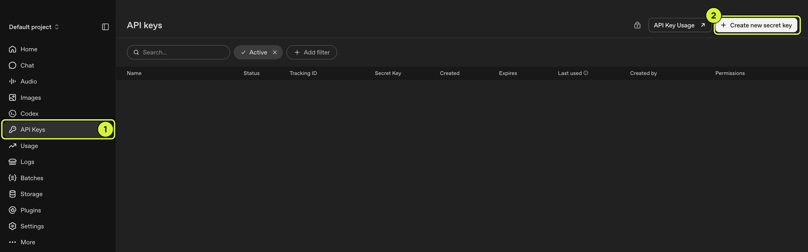 The OpenAI API keys page with the sidebar entry and the Create new secret key button marked