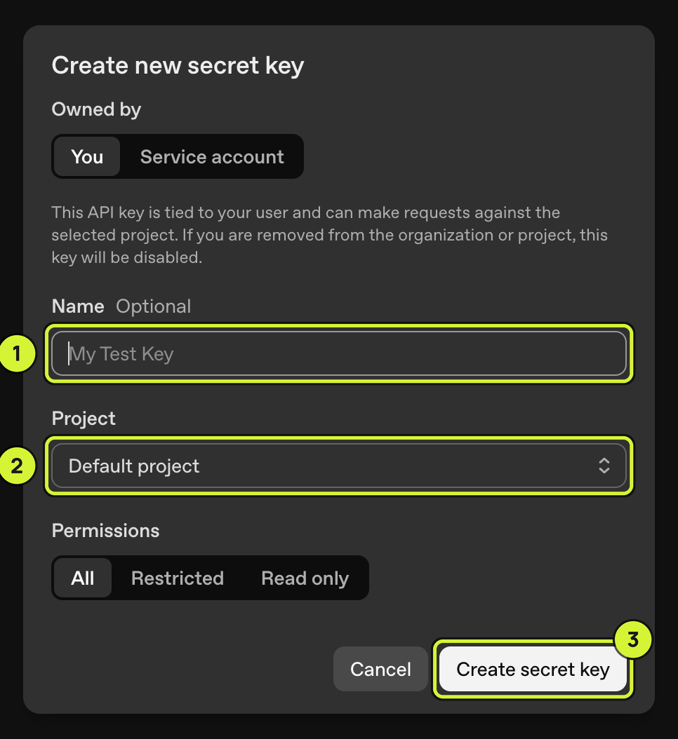 The Create new secret key dialog with the Name field, Project menu and Create secret key button marked