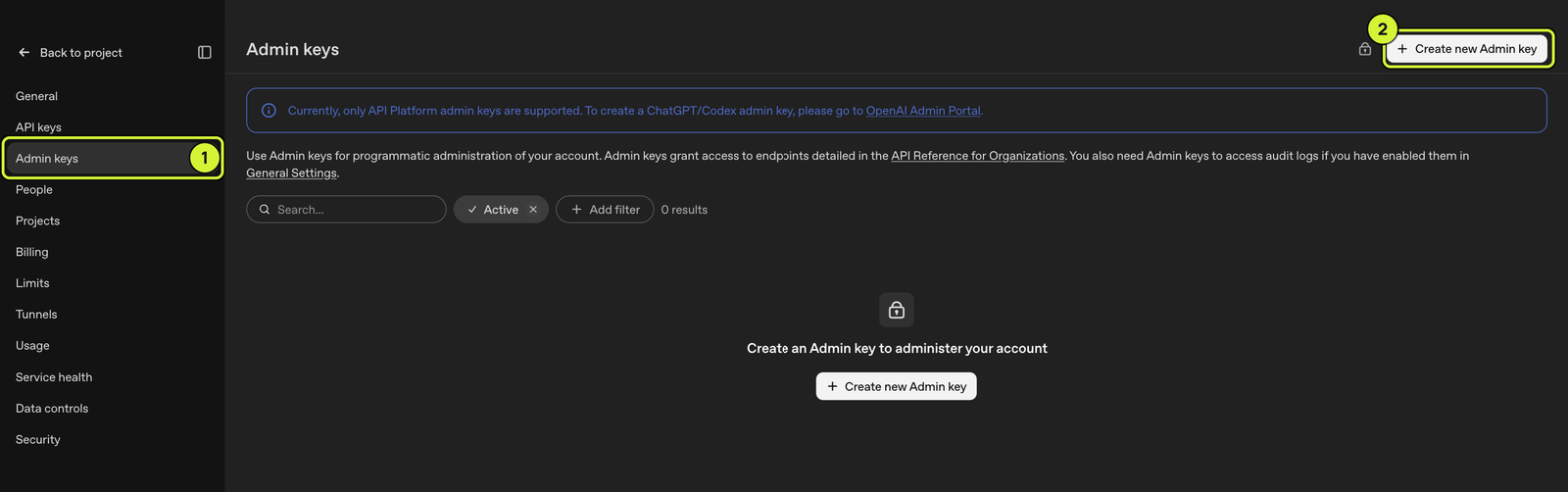 The OpenAI Admin keys page with the settings sidebar entry and the Create new Admin key button marked