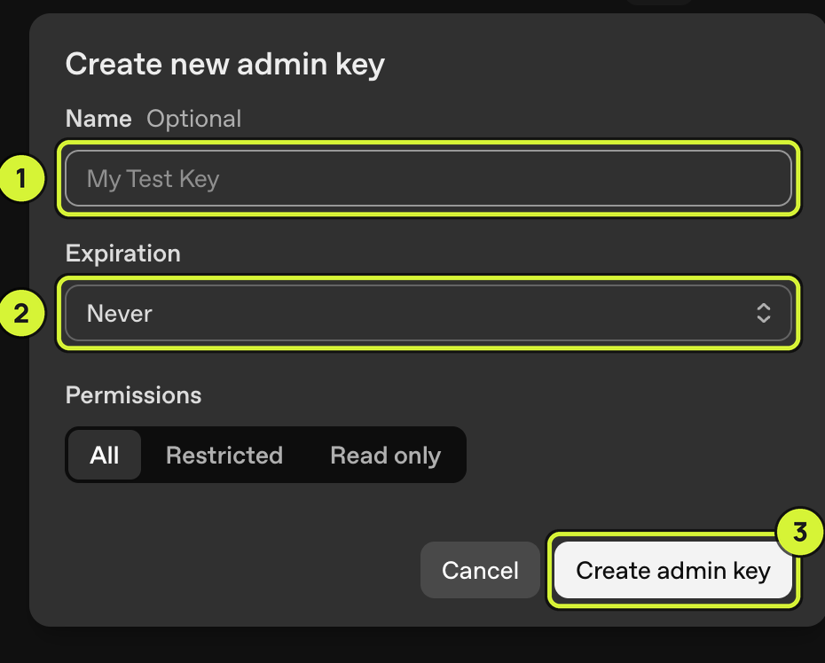 The Create new admin key dialog with the Name field, Expiration menu and Create admin key button marked